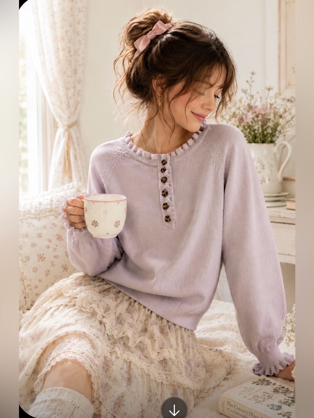 BTFBM Lavender Ruffle Cottagecore Coquette Soft Girl Button Front Sweater Small